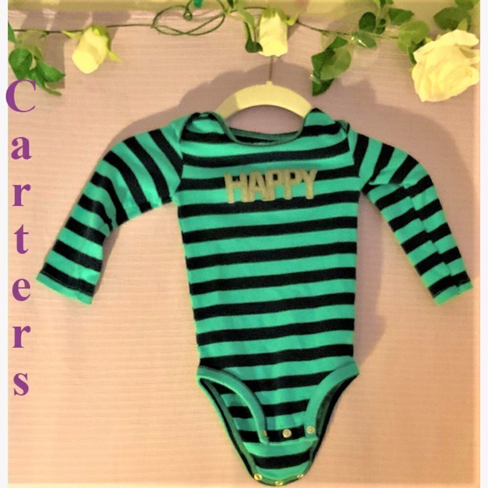 Previously Owned Carter "Just One You" Aqua Stripped Onesie says HAPPY